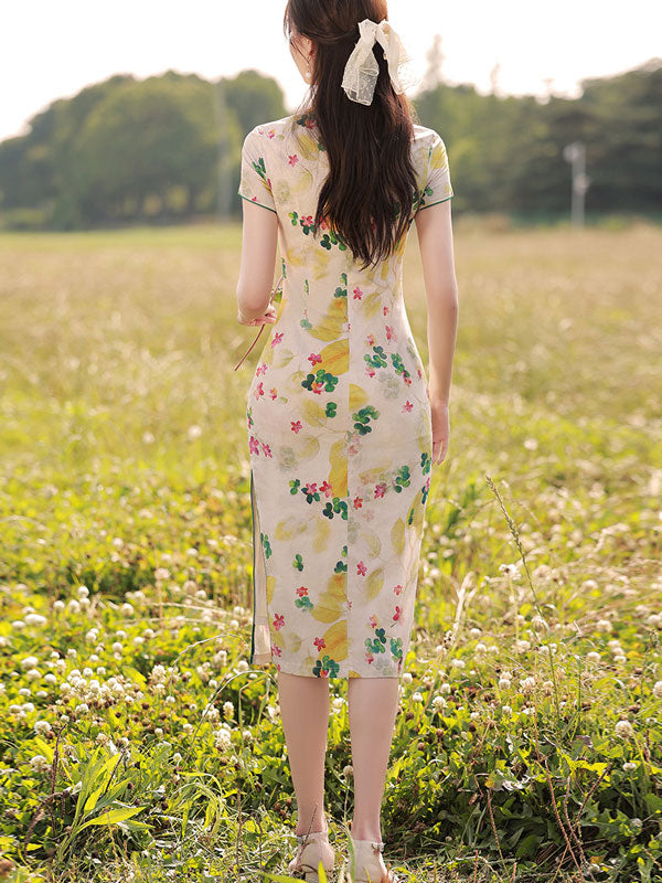 Floral Linen Mid Tea Cheongsam Qipao Dress