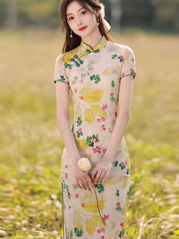 Floral Linen Mid Tea Cheongsam Qipao Dress
