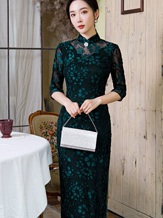 Mothers Red Green Velvet Maxi Cheongsam Qipao Dress