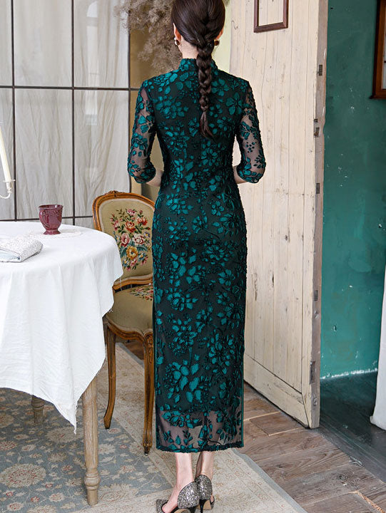 Mothers Red Green Velvet Maxi Cheongsam Qipao Dress