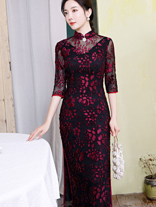 Mothers Red Green Velvet Maxi Cheongsam Qipao Dress
