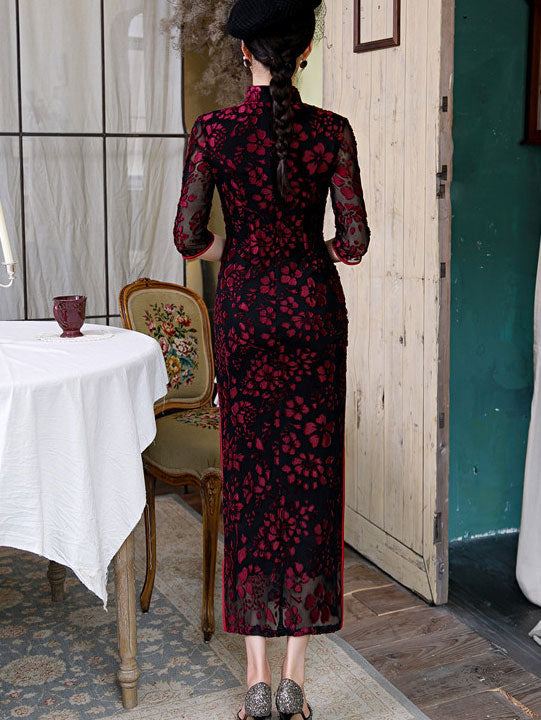 Mothers Red Green Velvet Maxi Cheongsam Qipao Dress