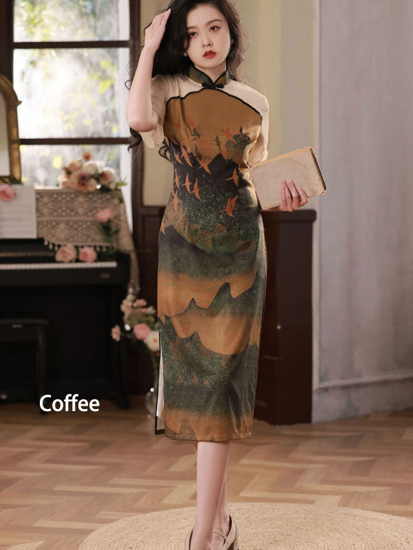 Summer Chinese Painting Print Mid Cheongsam Qipao Dress