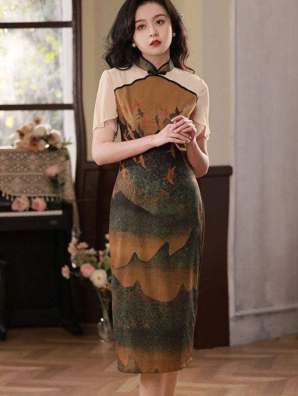 Summer Chinese Painting Print Mid Cheongsam Qipao Dress