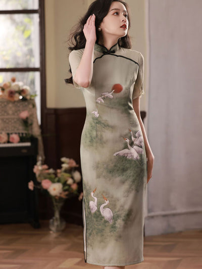 Green Summer Chinese Painting Print Mid Cheongsam Qipao Dress