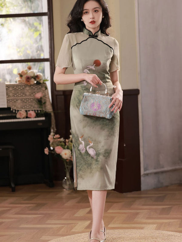 Green Summer Chinese Painting Print Mid Cheongsam Qipao Dress