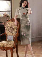 Green Summer Chinese Painting Print Mid Cheongsam Qipao Dress