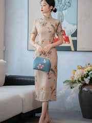 Summer Beige Floral Linen Tea Qipao Cheongsam Dress