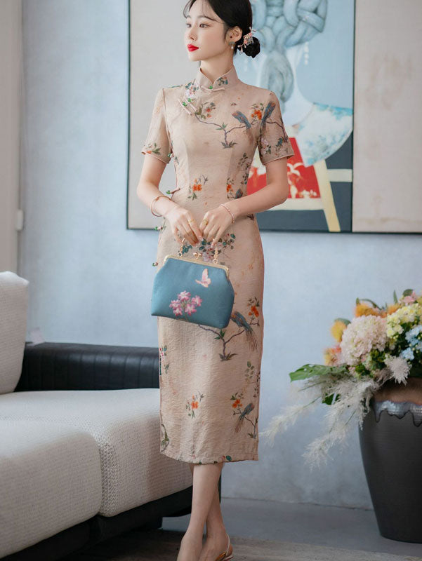 Summer Beige Floral Linen Tea Qipao Cheongsam Dress