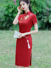 2023 Black Red Embroidered Floral Mid Cheongsam Qipao Dress