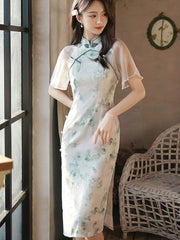 Summer Jacquard Floral Flutter Sleeve Qipao Cheongsam Dress