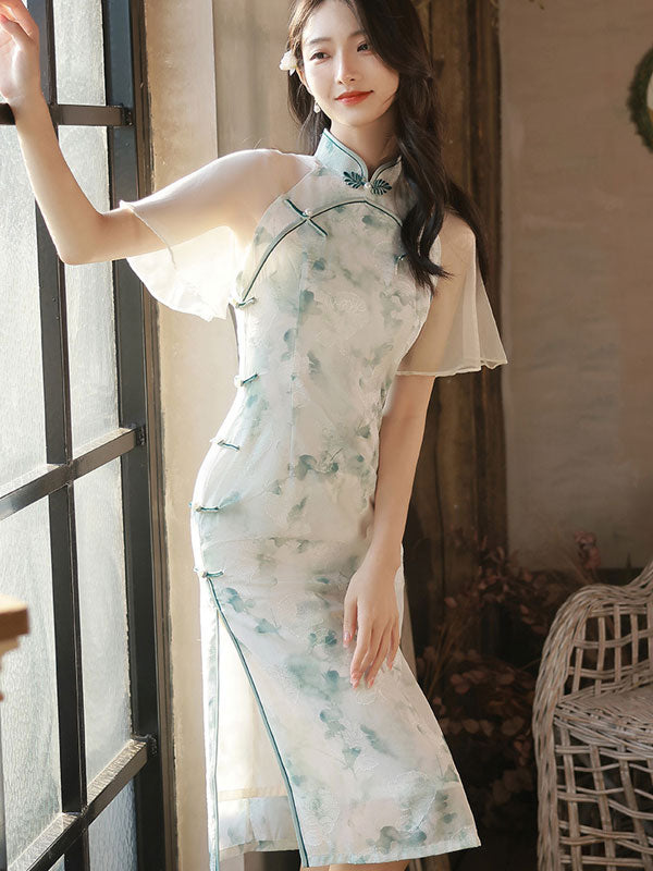 Summer Jacquard Floral Flutter Sleeve Qipao Cheongsam Dress