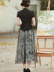 Black Fake Two-Piece A-Line Qipao Cheongsam Dress