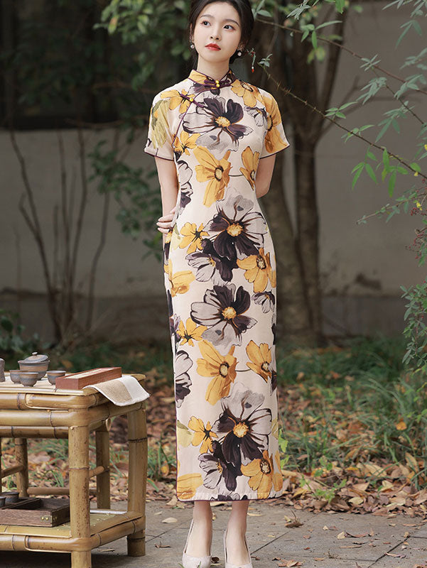 2023 Yellow Floral Maxi Qipao Cheongsam Dress