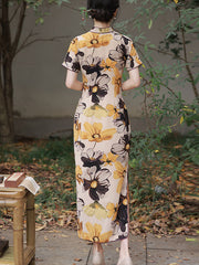 2023 Yellow Floral Maxi Qipao Cheongsam Dress