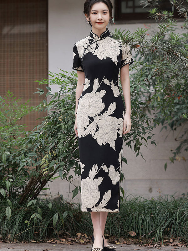 2023 Color Block Flora Printl Maxi Qipao Cheongsam Dress