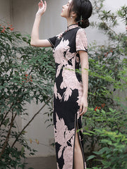 2023 Color Block Flora Printl Maxi Qipao Cheongsam Dress