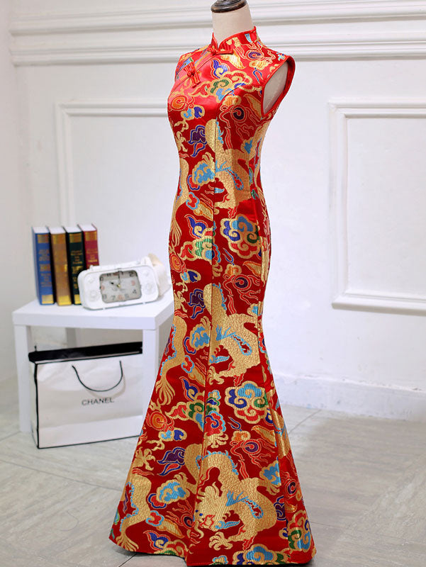 Red Yellow Dragon Fishtail Cheongsam Qipao Prom Dress