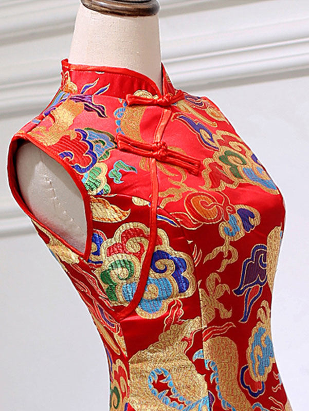 Red Yellow Dragon Fishtail Cheongsam Qipao Prom Dress