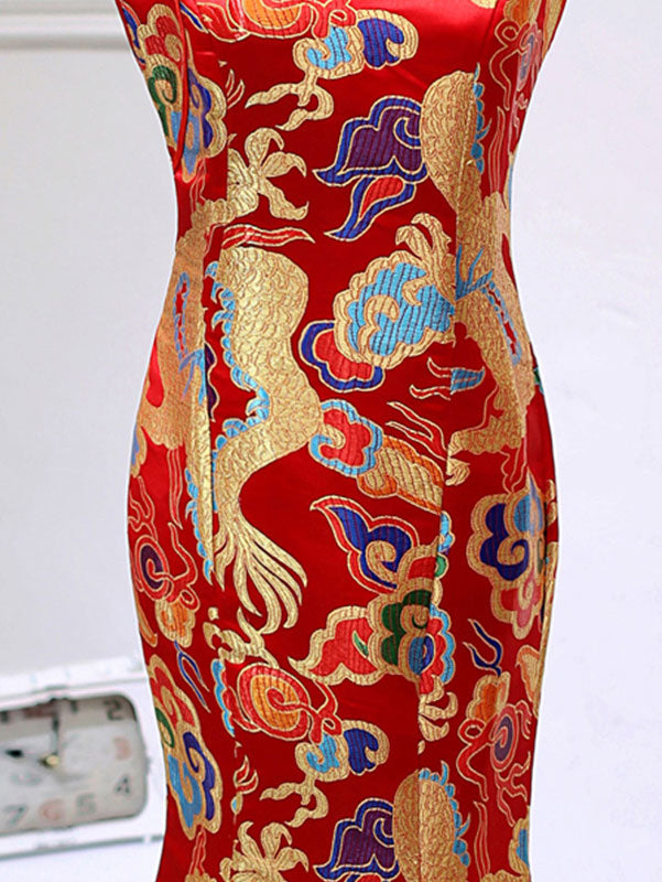 Red Yellow Dragon Fishtail Cheongsam Qipao Prom Dress