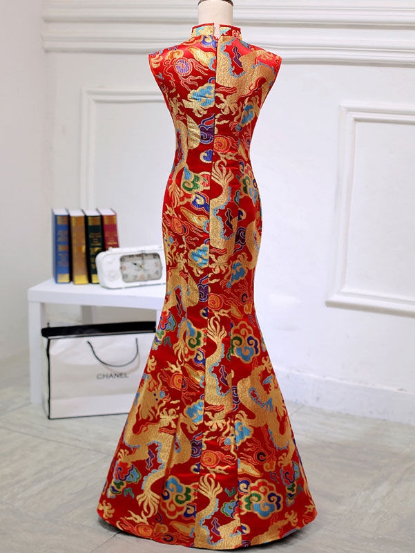 Red Yellow Dragon Fishtail Cheongsam Qipao Prom Dress