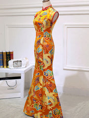 Red Yellow Dragon Fishtail Cheongsam Qipao Prom Dress