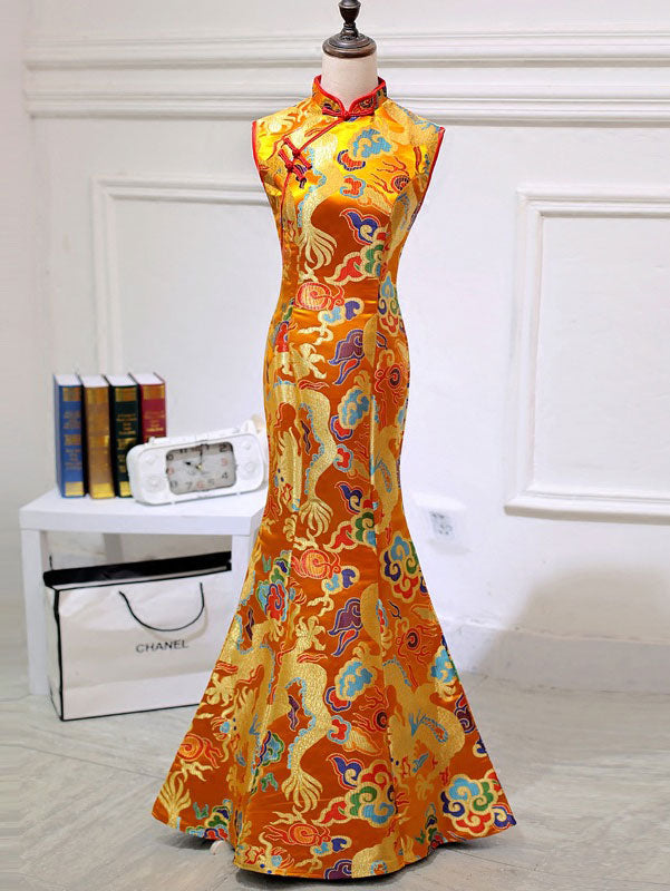 Red Yellow Dragon Fishtail Cheongsam Qipao Prom Dress