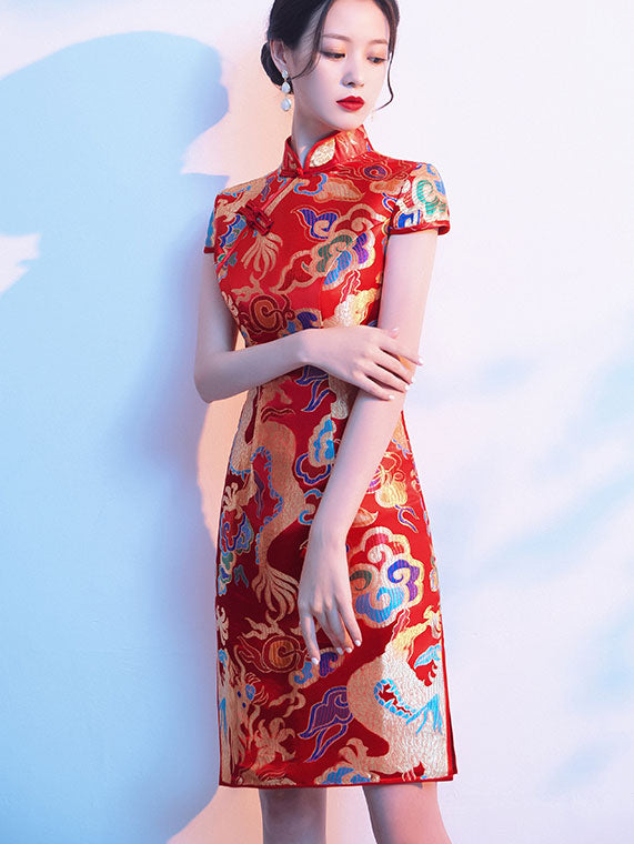 Yellow Red Dragon Short Cheongsam Qipao Dress