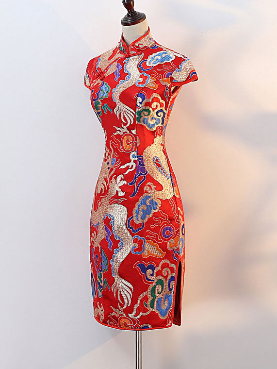 Yellow Red Dragon Short Cheongsam Qipao Dress