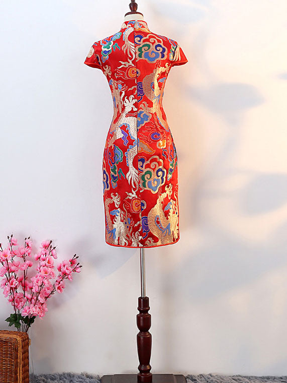 Yellow Red Dragon Short Cheongsam Qipao Dress