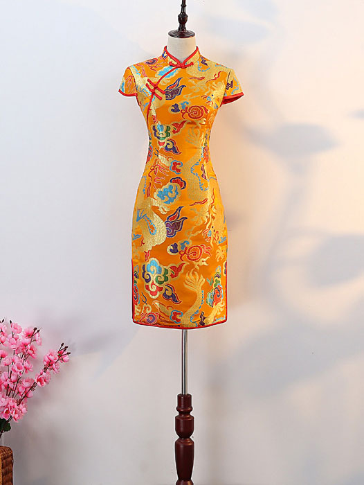 Yellow Red Dragon Short Cheongsam Qipao Dress