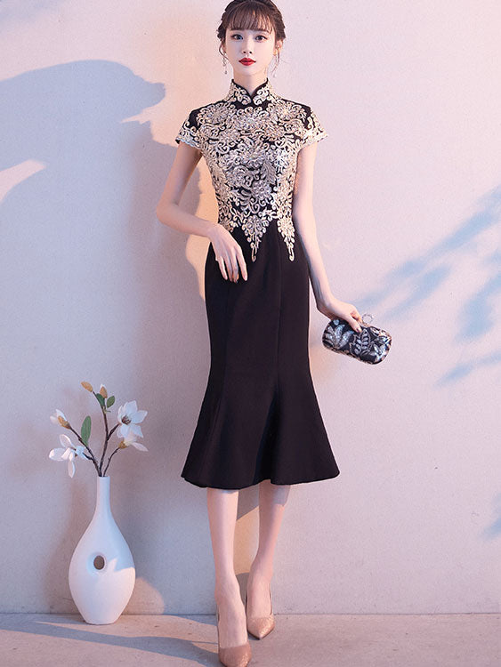 Black Mothers Gold Appliques Mid Fishtail Qipao Cheongsam Dress