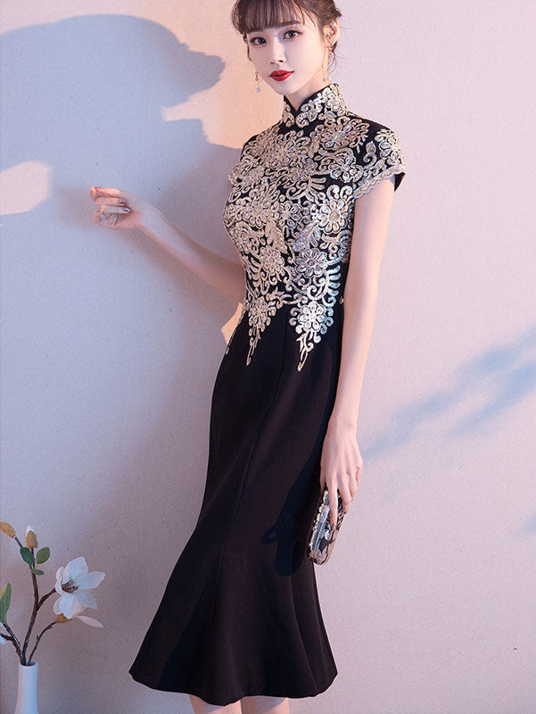 Black Mothers Gold Appliques Mid Fishtail Qipao Cheongsam Dress