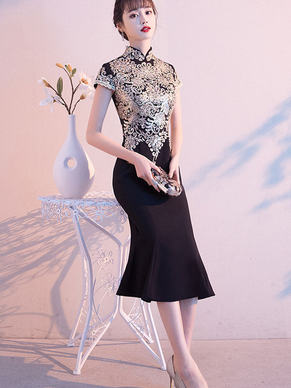 Black Mothers Gold Appliques Mid Fishtail Qipao Cheongsam Dress