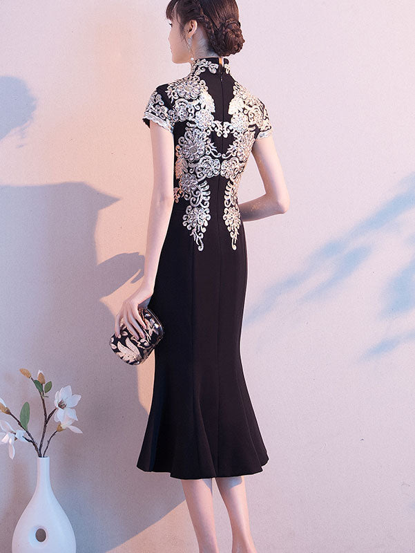 Black Mothers Gold Appliques Mid Fishtail Qipao Cheongsam Dress