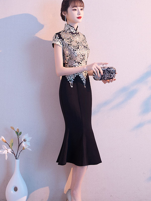 Black Mothers Gold Appliques Mid Fishtail Qipao Cheongsam Dress