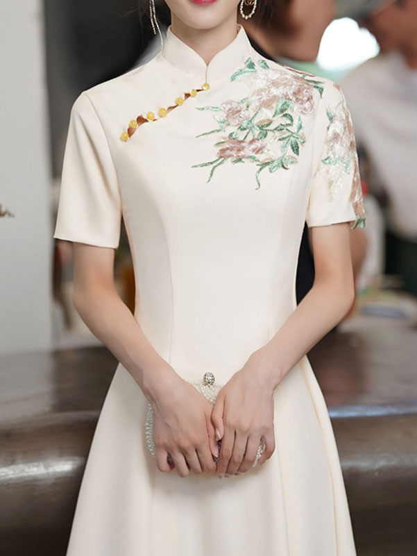 Ivory Appliques Mid Fit & Flare Cheongsam Qipao Dress