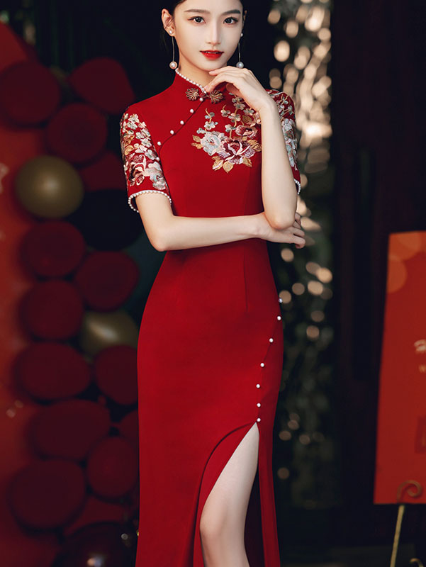 Burgundy Appliques Thigh Split Wedding Qipao Cheongsam Dress