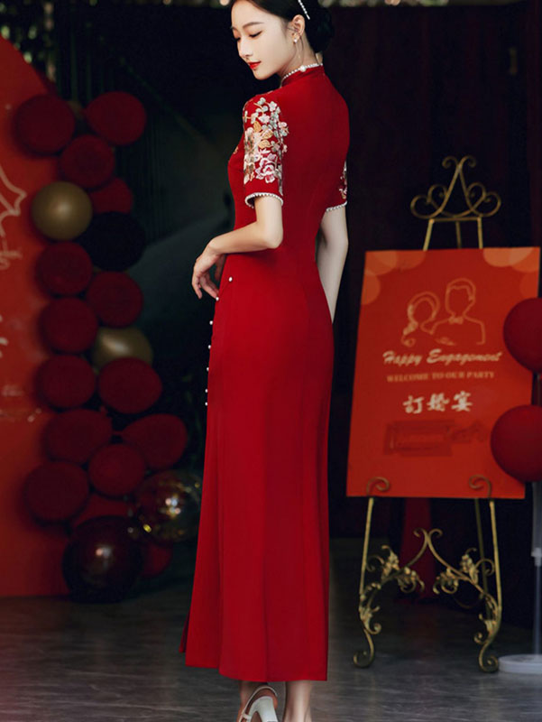 Burgundy Appliques Thigh Split Wedding Qipao Cheongsam Dress