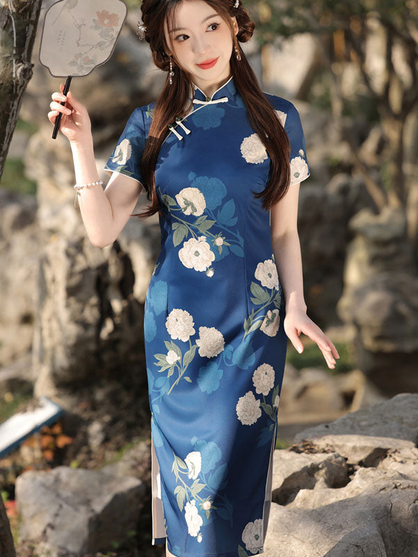 2023 Summer Blue Floral Mid Tea Qipao Cheongsam Dress