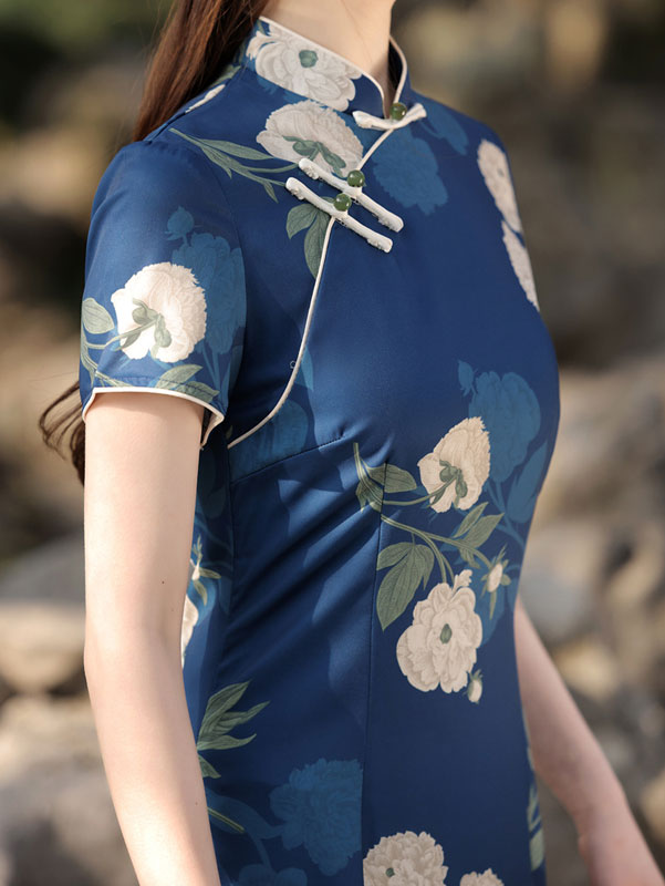 2023 Summer Blue Floral Mid Tea Qipao Cheongsam Dress