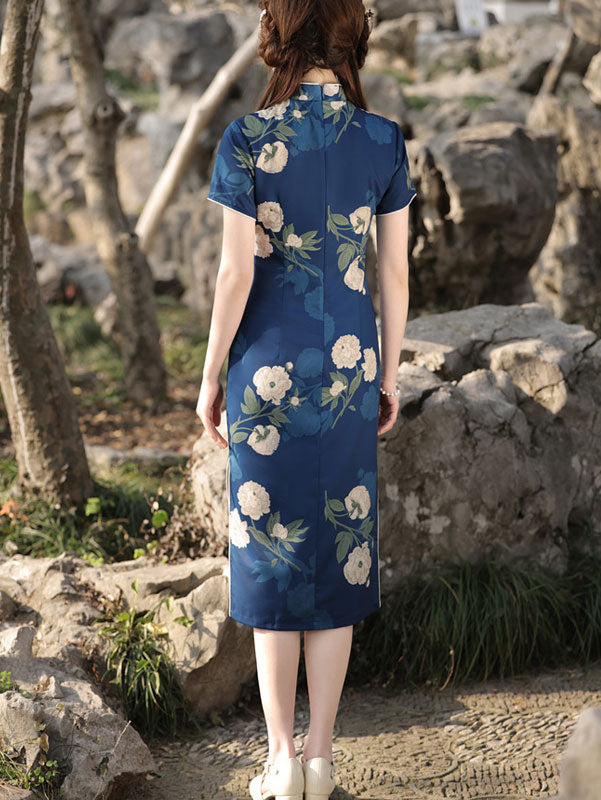 2023 Summer Blue Floral Mid Tea Qipao Cheongsam Dress