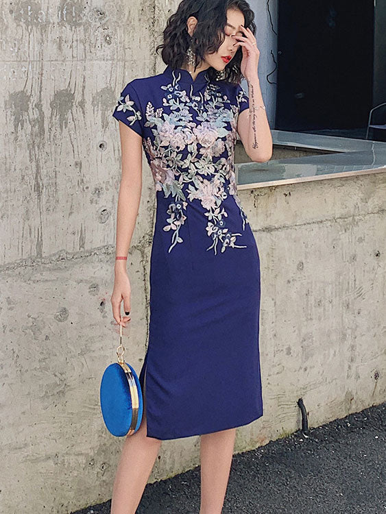 Blue White Appliques Short Cheongsam Qipao Dress