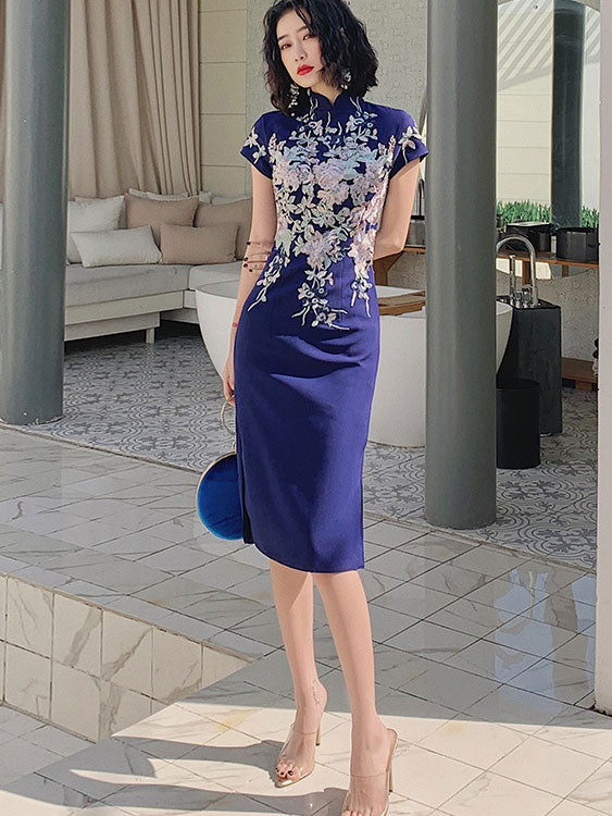 Blue White Appliques Short Cheongsam Qipao Dress