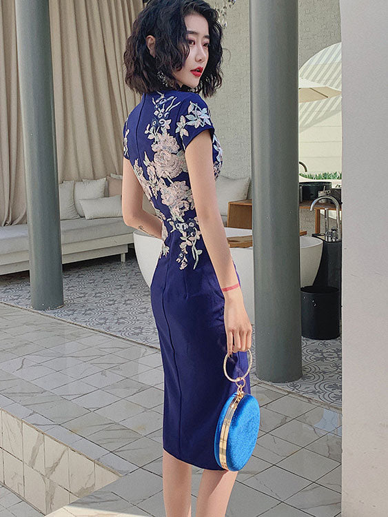 Blue White Appliques Short Cheongsam Qipao Dress