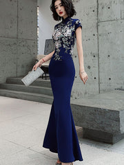 Blue White Appliques Fishtail Cheongsam Qipao Dress