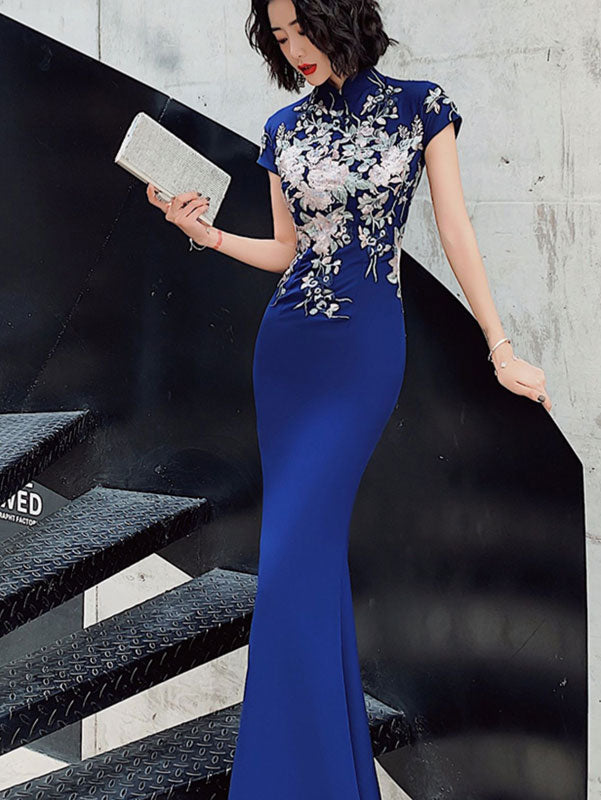 Blue White Appliques Fishtail Cheongsam Qipao Dress