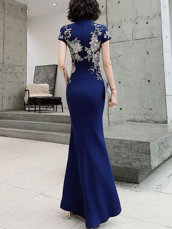 Blue White Appliques Fishtail Cheongsam Qipao Dress