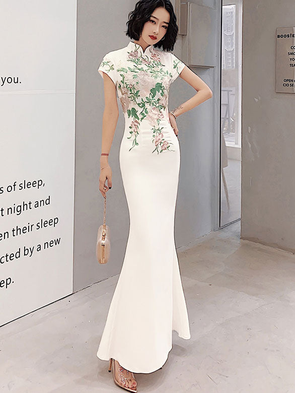 Blue White Appliques Fishtail Cheongsam Qipao Dress