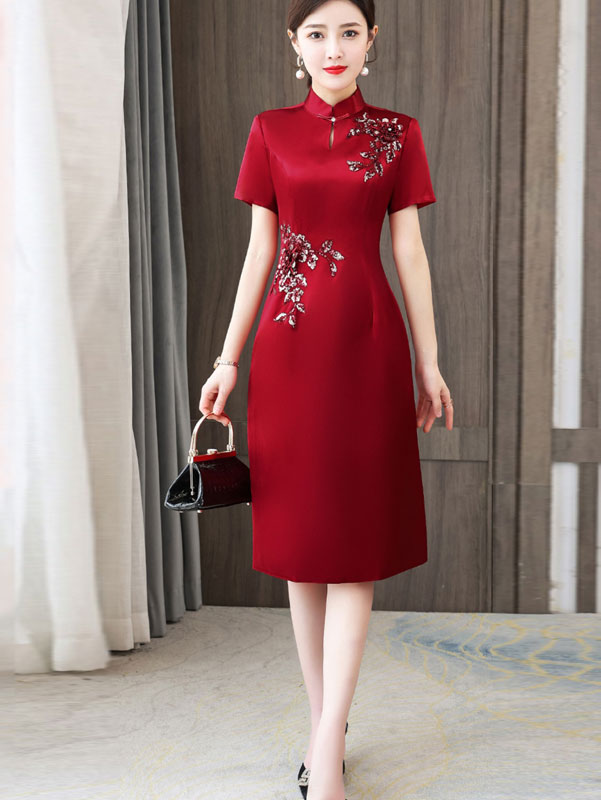 Red Bride Mothers Appliques Mid Wedding Cheongsam Qipao Dress